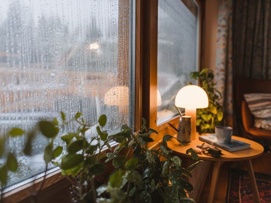 Krople wilgoci na szybie okiennej