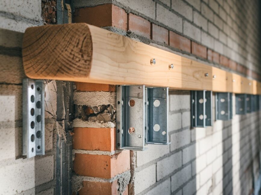 Drewniana belka przymocowana do ściany za pomocą wkrętów