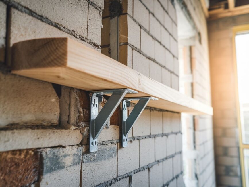 Zbliżenie na metalowe uchwyty mocujące belkę